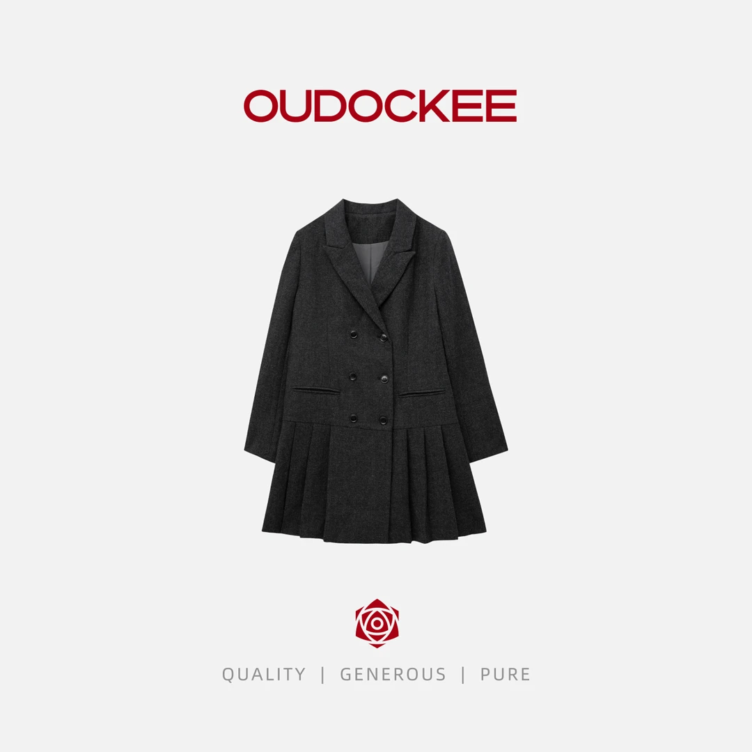 OUDOCKEE 鸥鸥【绵羊毛】女神裙 翻领韩系长袖西装连衣裙 LACE653T