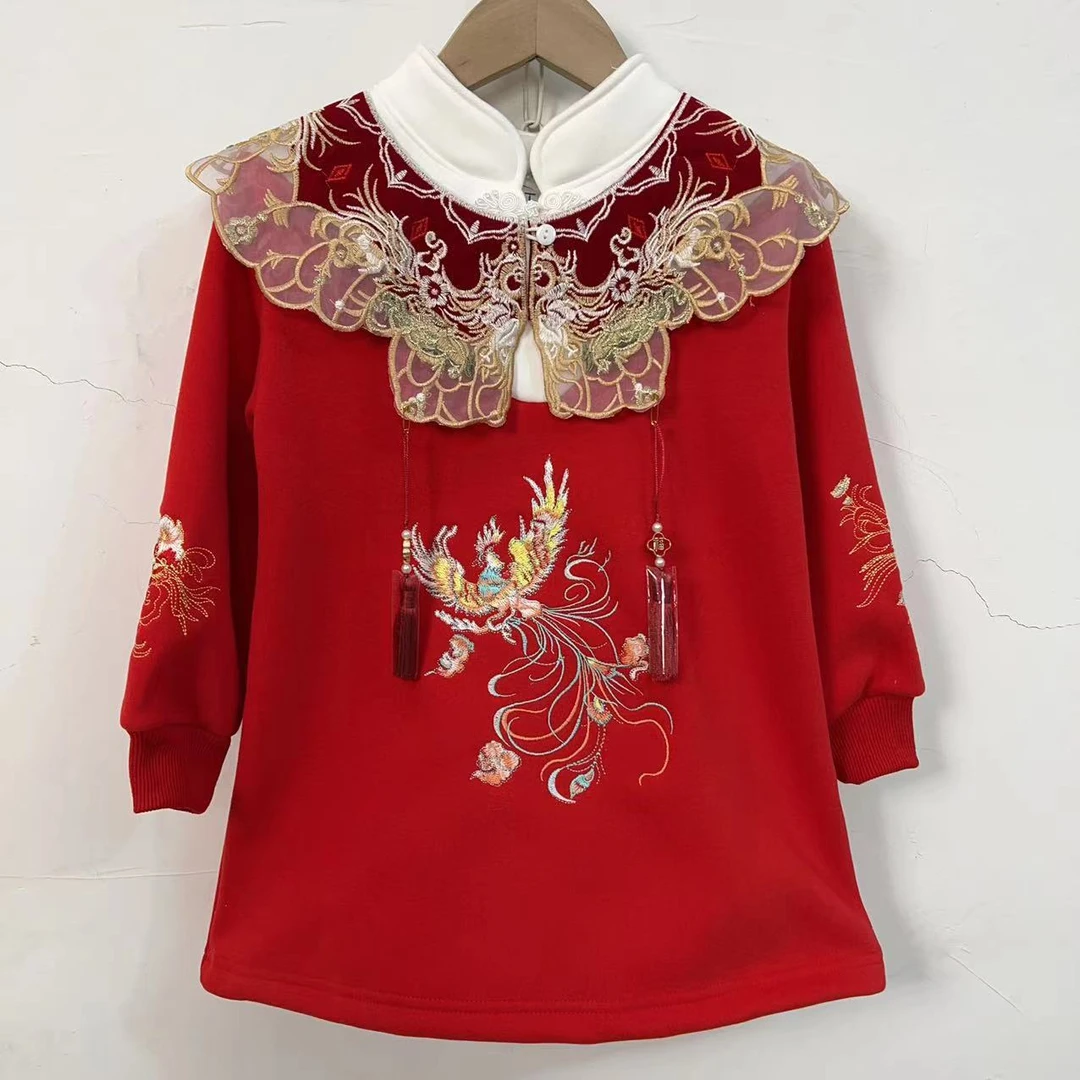 【即墨卫衣】女童加绒卫衣裙子刺绣国风红喜庆连衣裙中式女童含云肩