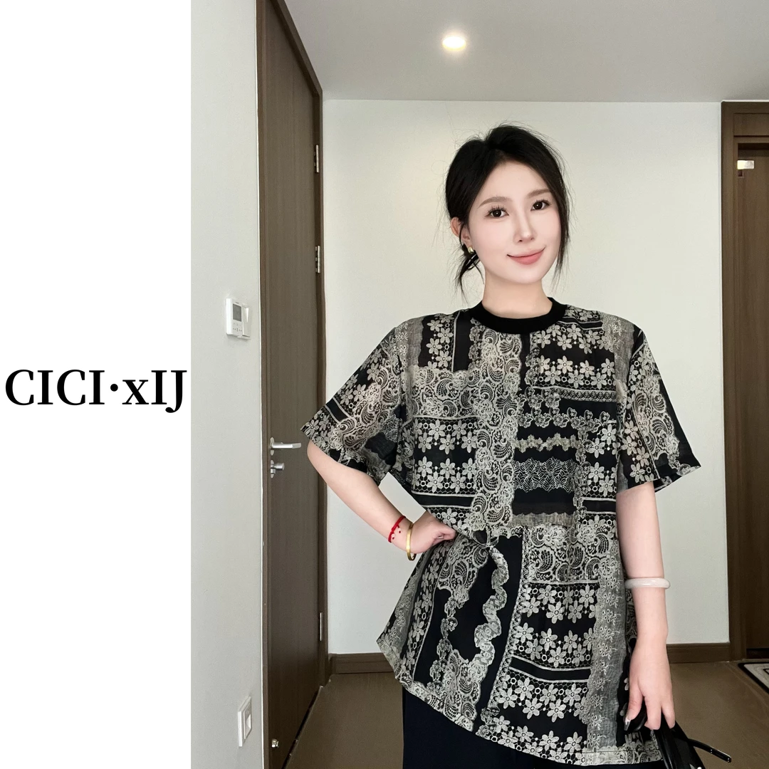 CICI囍见 2025夏款小众设计极简风重工刺绣满花短袖T恤女