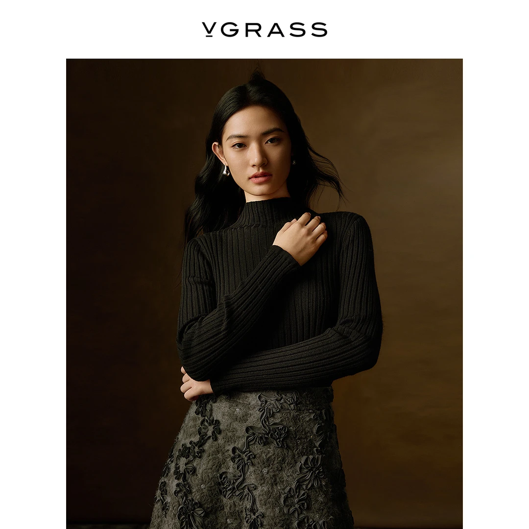 【达人专用】VGRASS冬季新款无缝一体半高领针织打底衫VZZ4P4677B