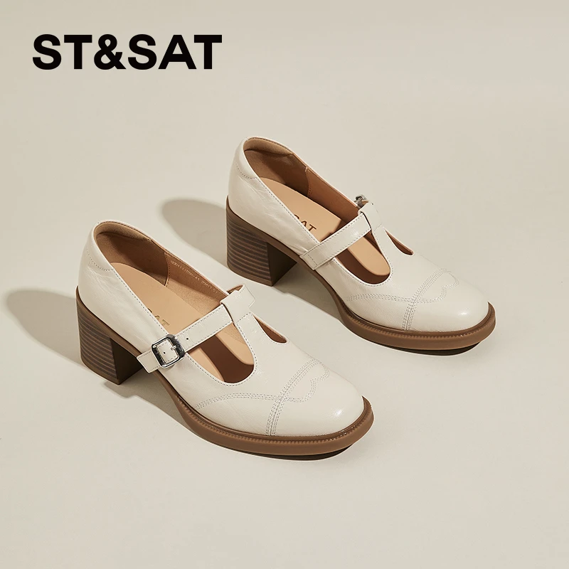 星期六羊皮玛丽珍女鞋高跟英伦风小皮鞋女真皮t字带百搭气质单鞋