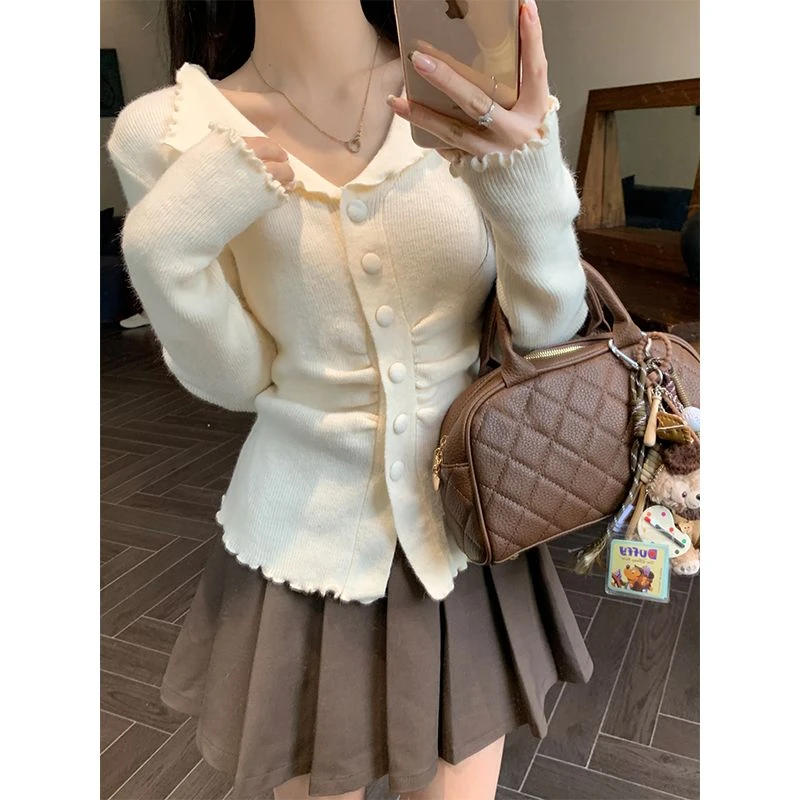 6361#法式小香风翻领木耳边软糯针织开衫女新款修身收腰内搭上衣