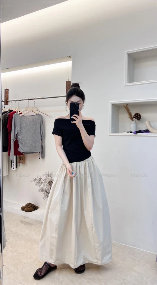 YYJ【法式少女】夏季法式赫本风撞色一字肩连衣裙