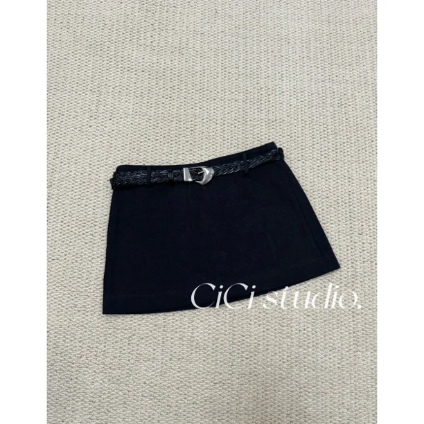 CiCi 厚麻料 编织腰带 短裙