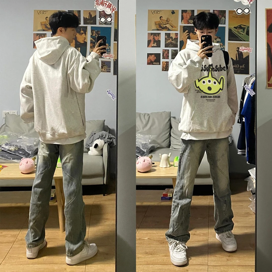 WASSUP HSUBE美式潮流印花休闲卡通长袖秋冬几何宽松卫衣情侣上衣