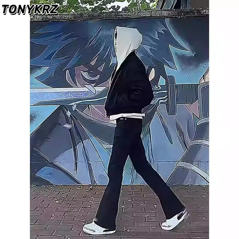 TONYKRZ黑色微喇牛仔裤男春夏潮牌美式高街vibe痞帅柳叶弯刀裤子