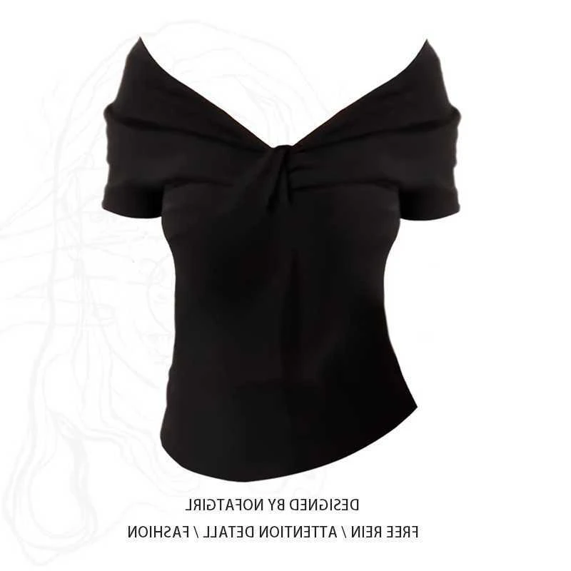 大码胖MM纯欲风黑色一字肩短袖t恤女夏季修身显瘦辣妹收腰上衣