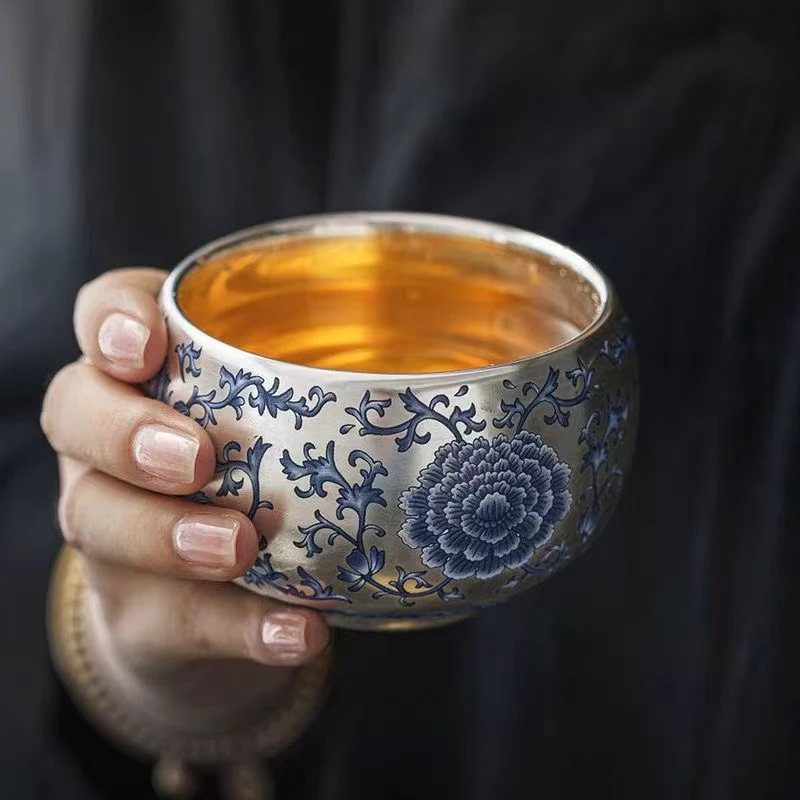 足银陶瓷银制品 青花缠枝莲主人杯戴礼盒证书时尚民族风