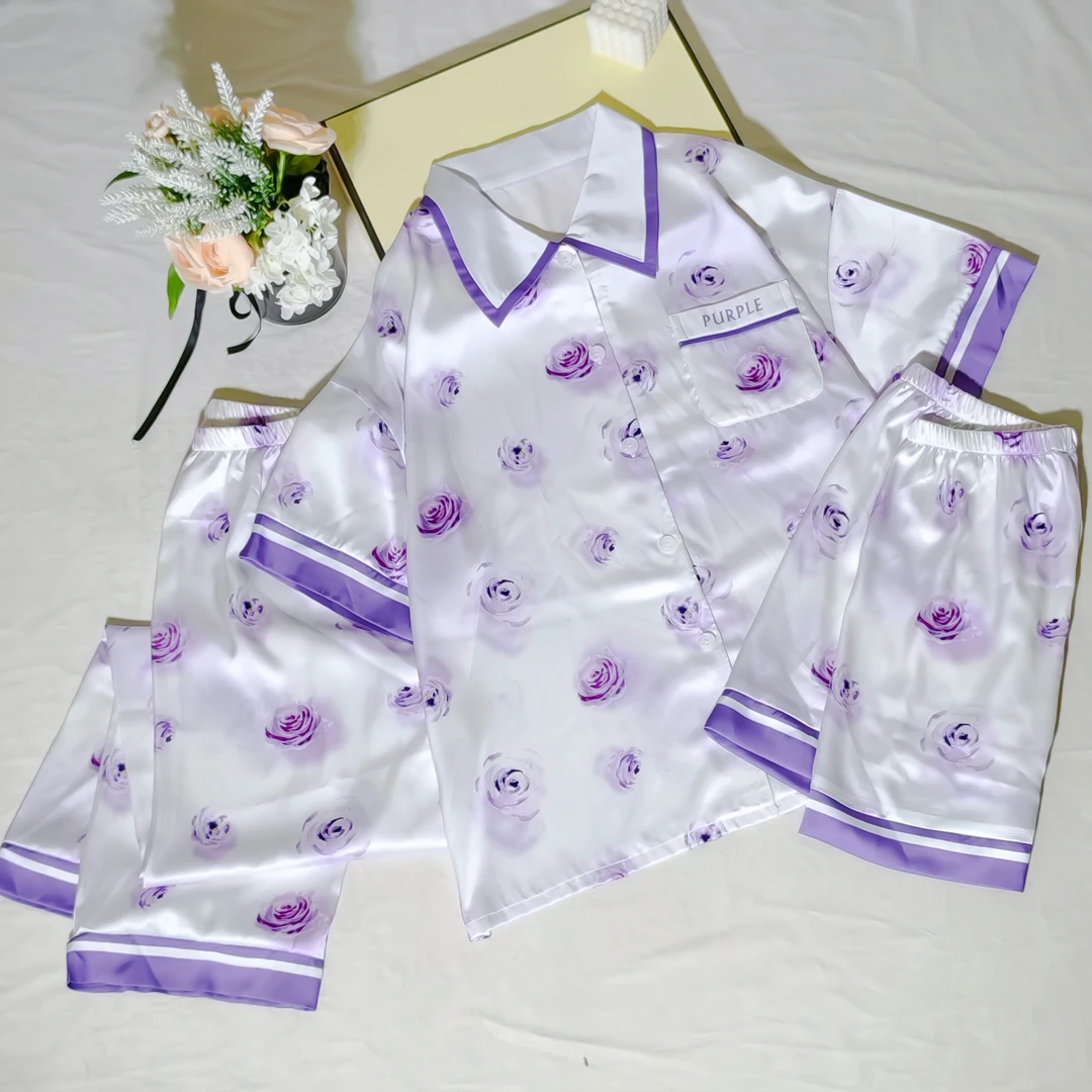 夏季新款植物花卉少女青年睡衣薄款紫色印染玫瑰睡衣三件套家居服