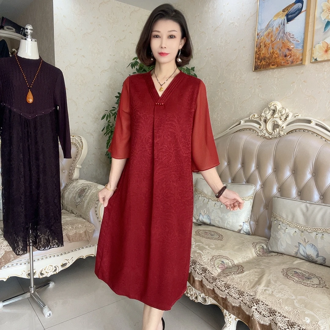 1166时尚简约漂沙袖洋气妈妈裙