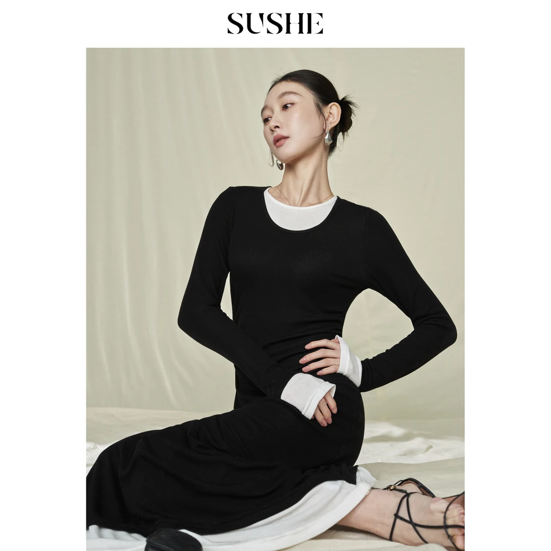 束皙SUSHE 悠逸 知性优雅风 天丝羊毛撞色拼接收腰假两件连衣裙女