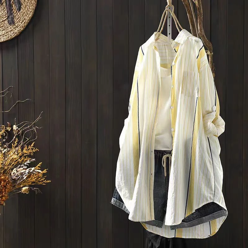 竖条纹长袖薄款衬衫外套女夏季宽松休闲百搭中长款防晒衬衣