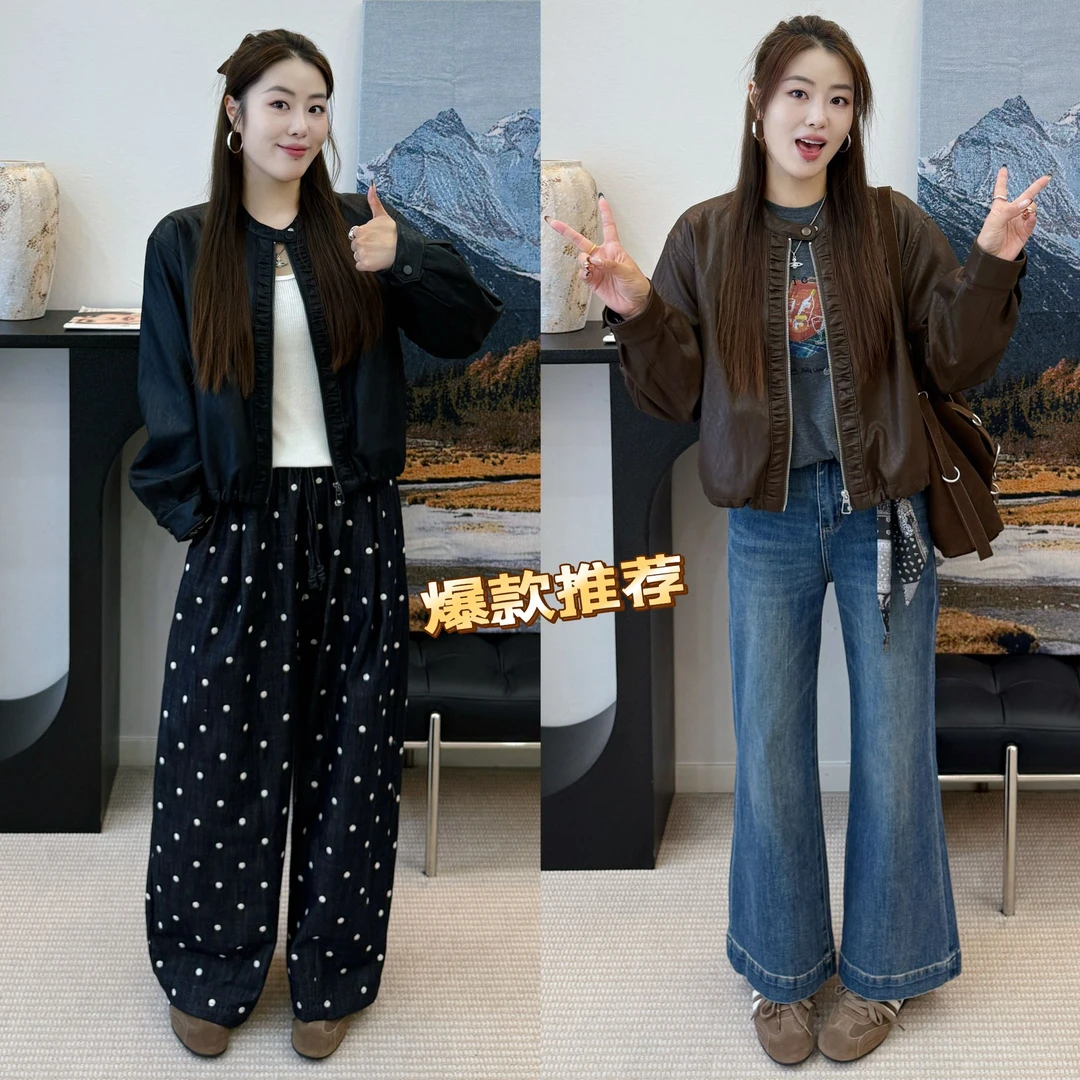 高级经典立领花边短款皮衣外套