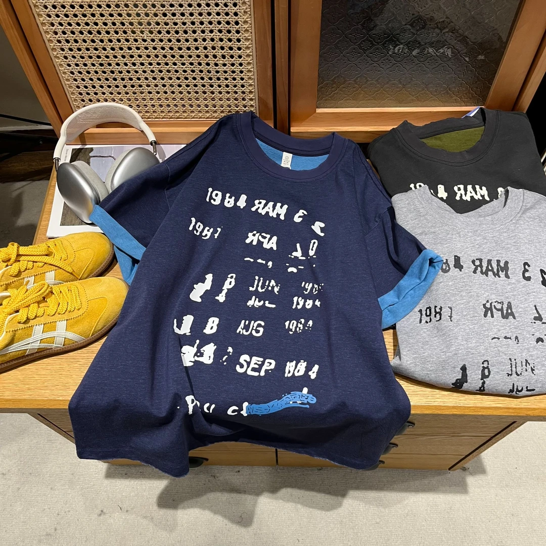 吴小越w1252男童夏款短袖圆领双色字母印花韩版棉t恤中大童