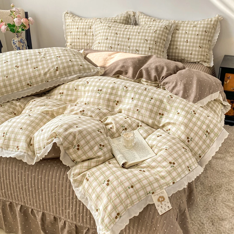 跑量款全棉印花床盖四件套A类有氧全棉韩版蕾丝边床盖加厚棉柔软