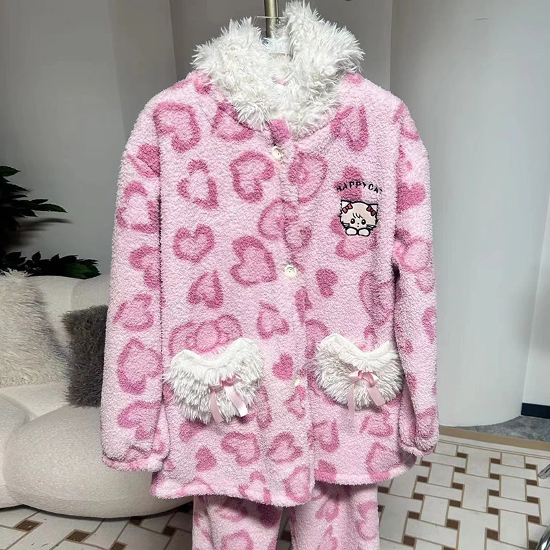 冬季大码保暖绒睡衣胖mm卡通刺绣家居服加厚绒长袖甜美宽松两件套