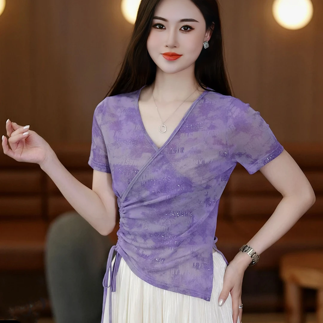 设计感小众抽褶V领短袖T恤女夏季新款洋气紫色高级感气质修身半袖