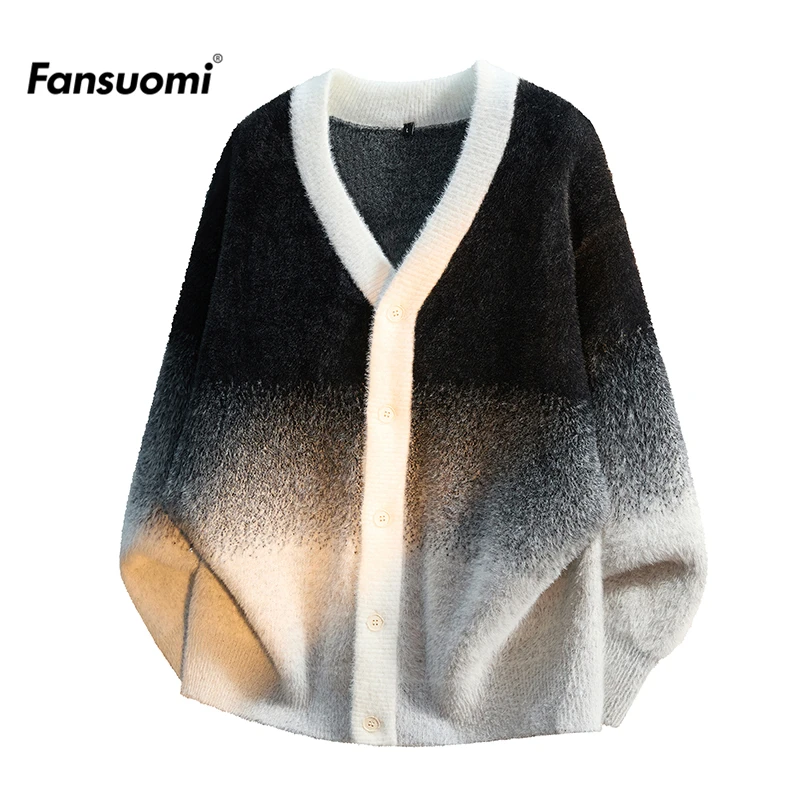 范索米轻奢V领渐变毛衣男秋冬季仿貂毛慵懒风潮流轻奢开衫外套