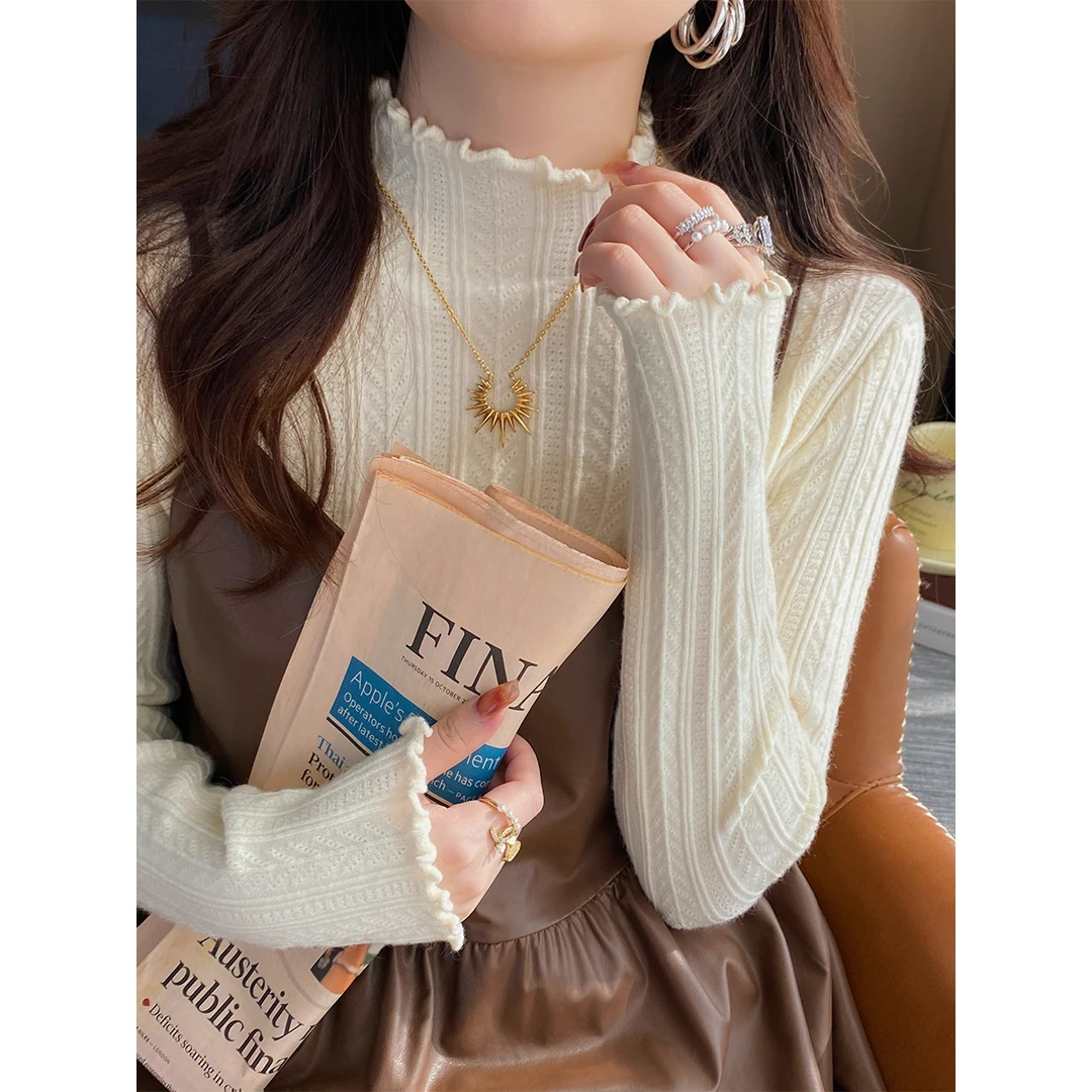 温柔高级感杏色打底衫女秋冬新款内搭半高领毛衣木耳边针织上衣女