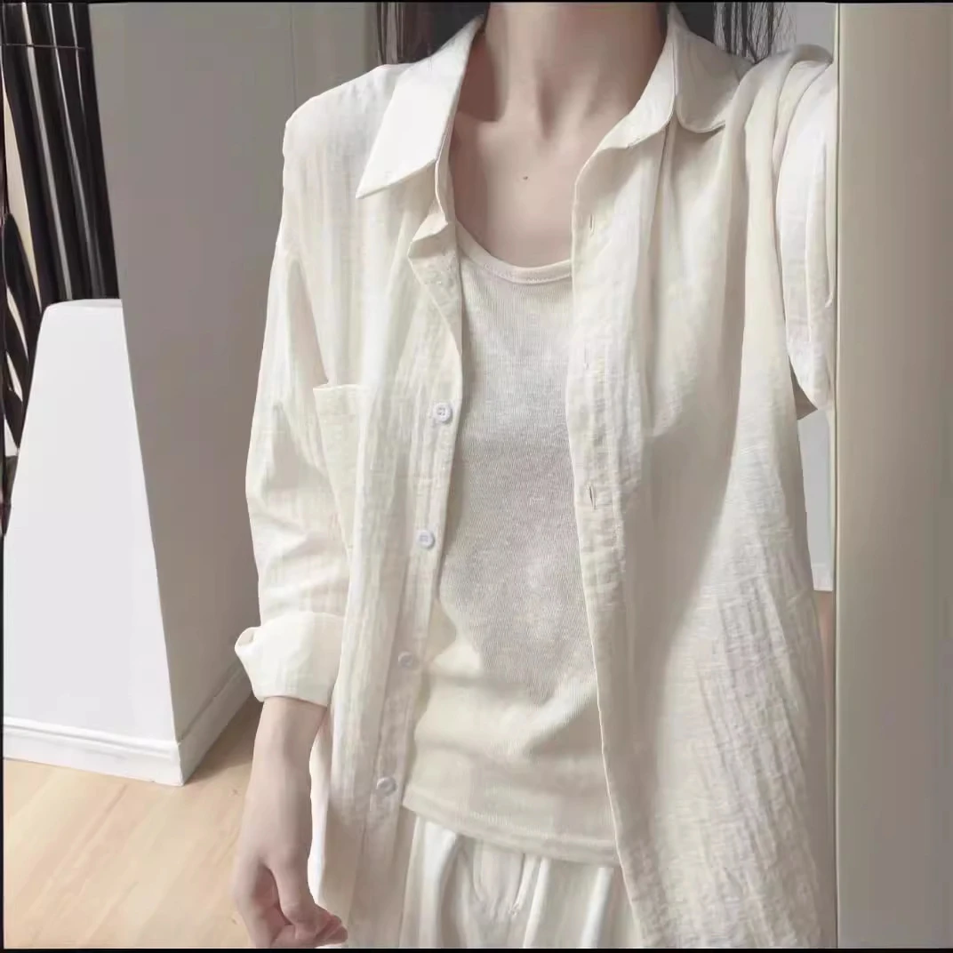 ZAUO期待夏天~法式棉麻防晒衬衫女棉麻薄款衬衣高级感抗皱长袖两