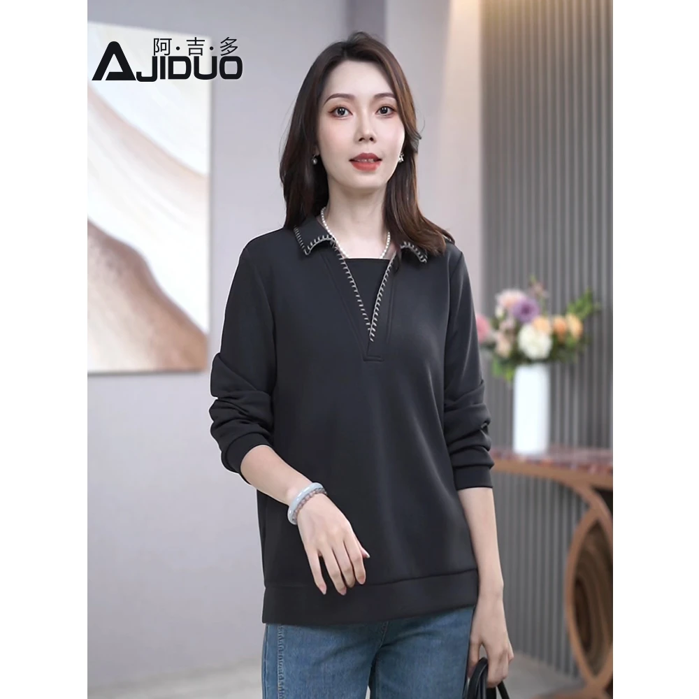 翻领刺绣灰色长袖t恤女春秋2025新款通勤休闲大码宽松高级上衣