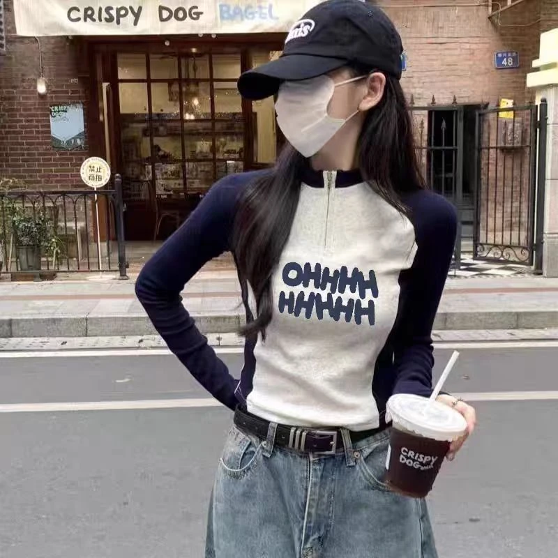 T恤女长袖简约少女风卡通印花撞色正肩设计感减龄显瘦常规款灰色