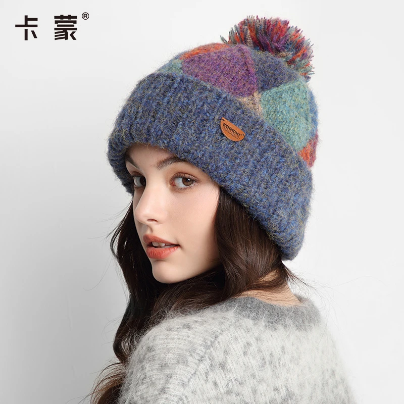 卡蒙加厚加绒保暖毛绒毛线帽女冬天可爱百搭毛球帽子大头围针织帽