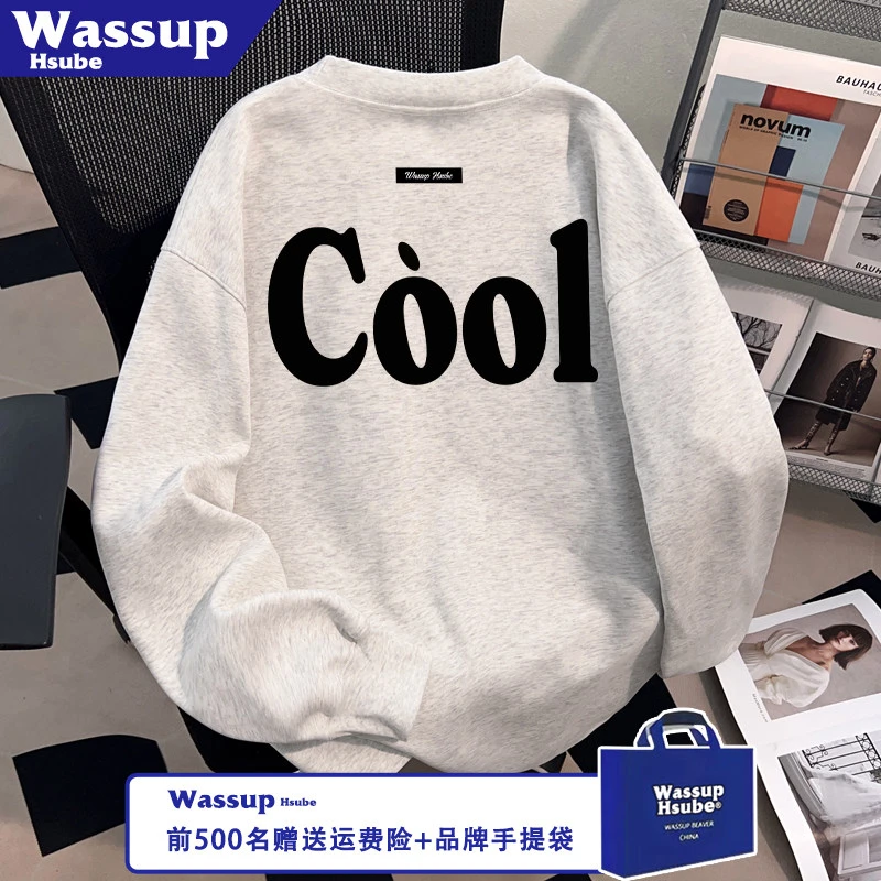 WASSUP HSUBE秋冬美式100%纯棉白灰长袖创意耳机印花男款上衣T恤