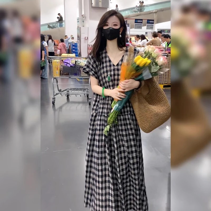 高端格子连衣裙女夏季新款短袖时尚宽松显瘦气质印花棉麻衬衫裙子