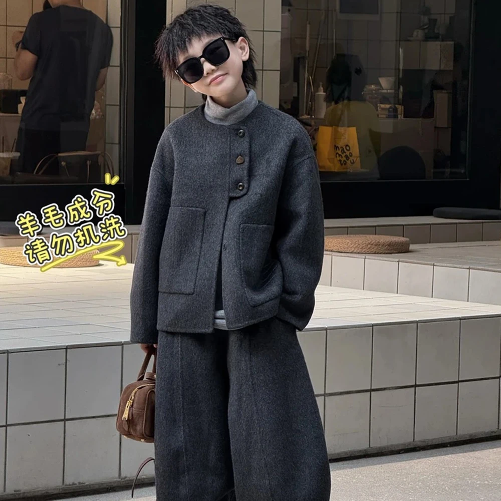 巴拉童年男童秋冬毛呢潮流帅气纯色套装2026新款中大童时尚加厚加