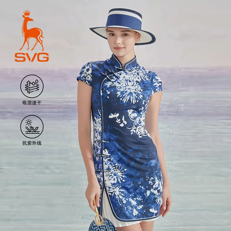 【吸湿速干/抗UV】svg高尔夫25春夏新款女装国风印花旗袍连衣裙女