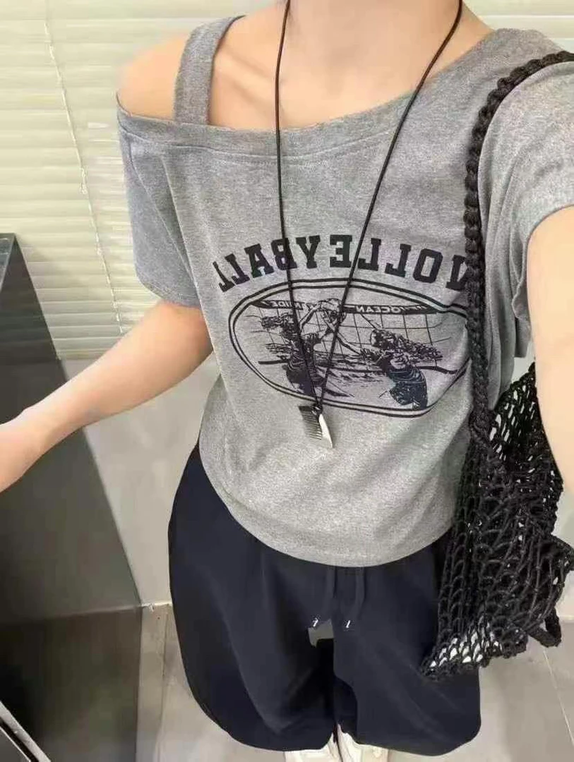 夏季新款斜肩短袖修身显瘦短款印花T恤女装百搭打底衫