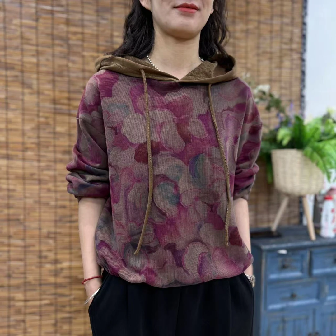 8692春季新款优雅减龄显瘦碎花长袖连帽T恤