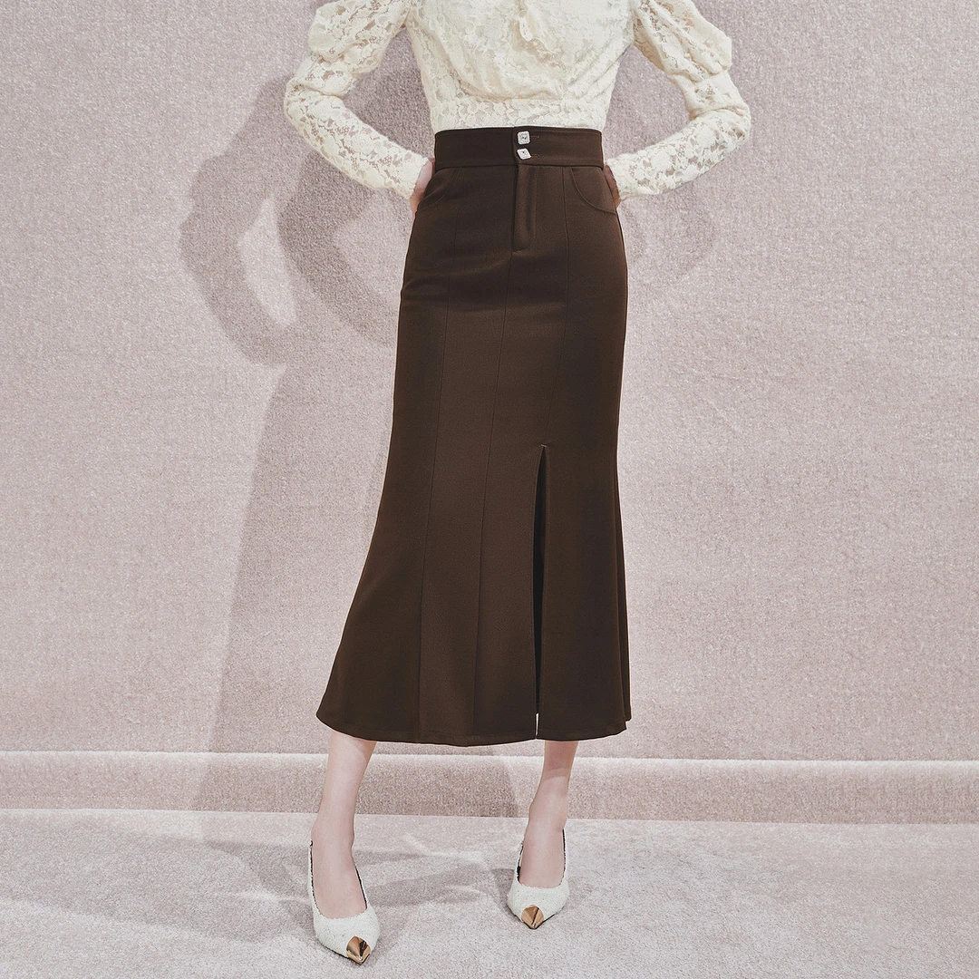 MAXRIENY西安法式复古感深棕色鱼尾半裙2024秋冬半身裙