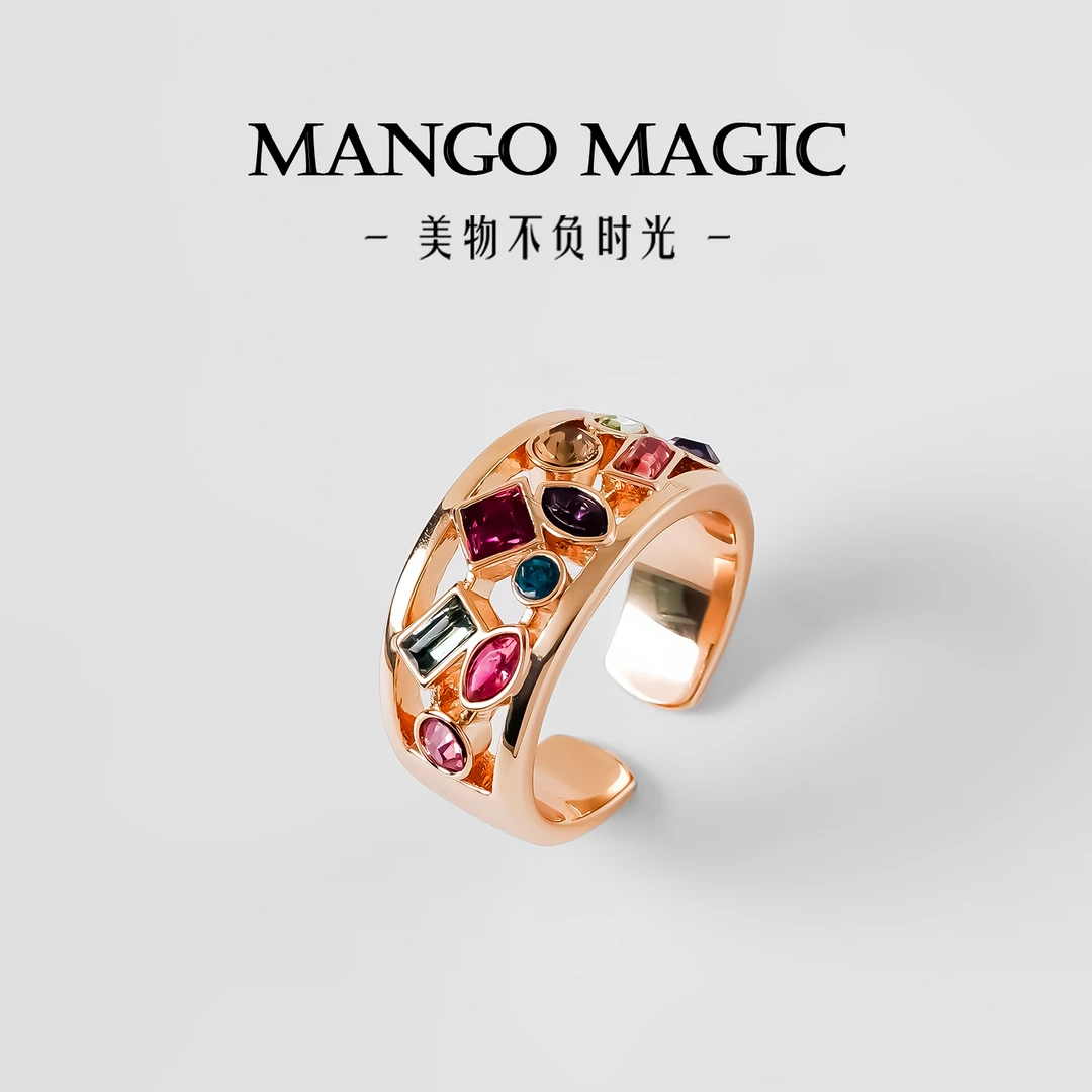 铜合金戒指 欧美轻奢气质大气个性复古时尚彩宝高级开口戒指10056