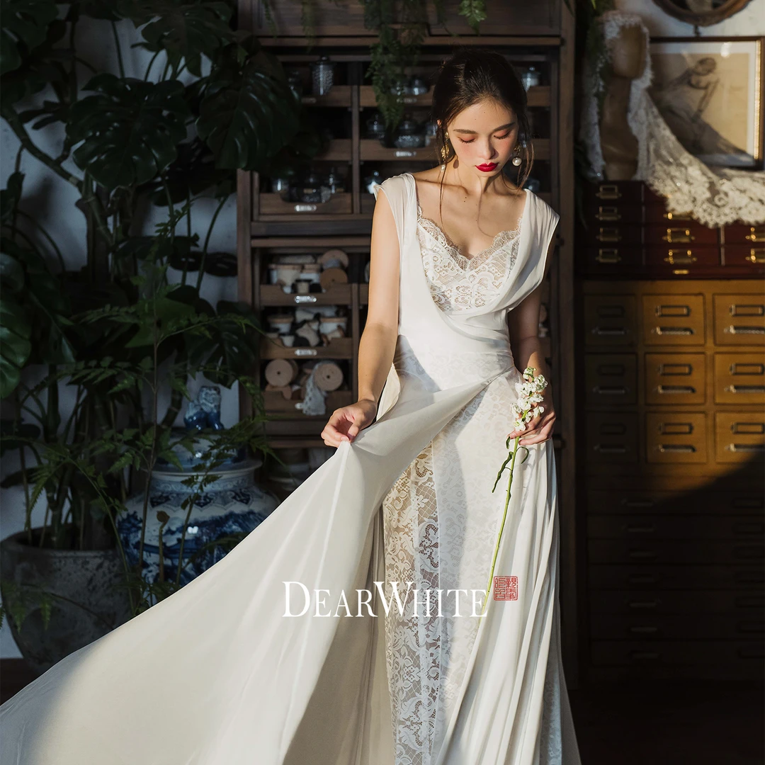 亲爱的白原创《守风人》法式蕾丝缎面婚纱主纱新娘复古订婚礼服女