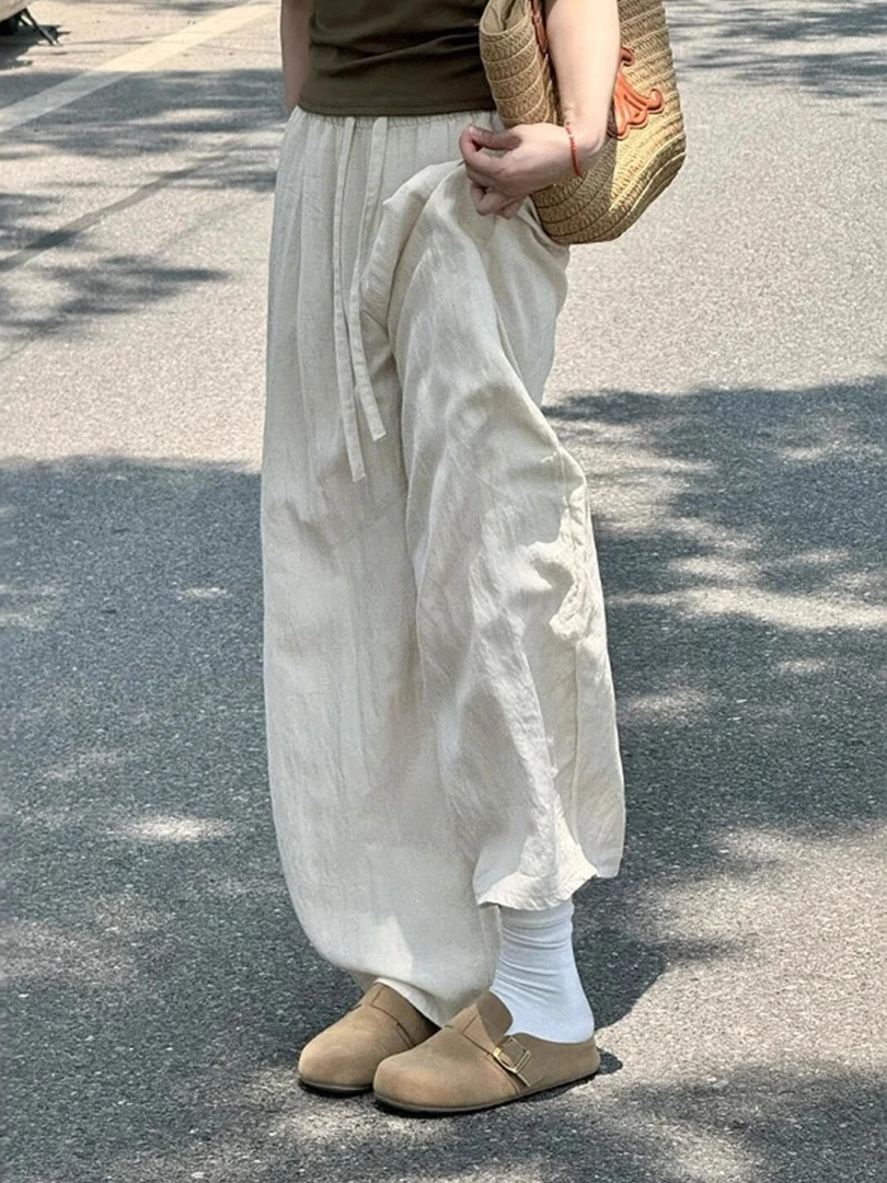 慵懒风亚麻裤女2025新款夏遛弯裤大码胖mm梨形身材显瘦高腰阔腿裤