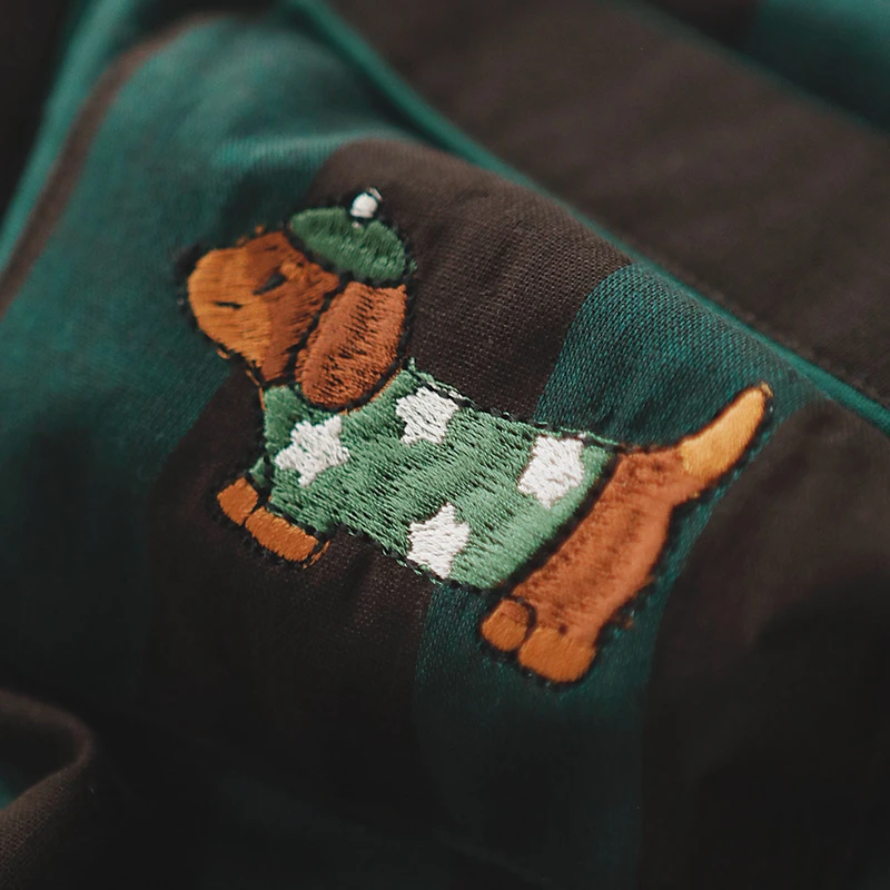 时尚小众设计情侣家居服全棉刺绣条纹长袖套装绿色纯棉复古文艺