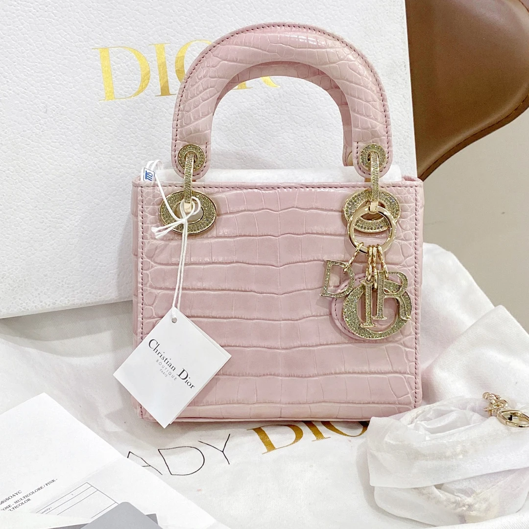 95新 DIOR/迪奥 带票戴妃三格鳄鱼皮干枯玫瑰粉钻扣斜挎包