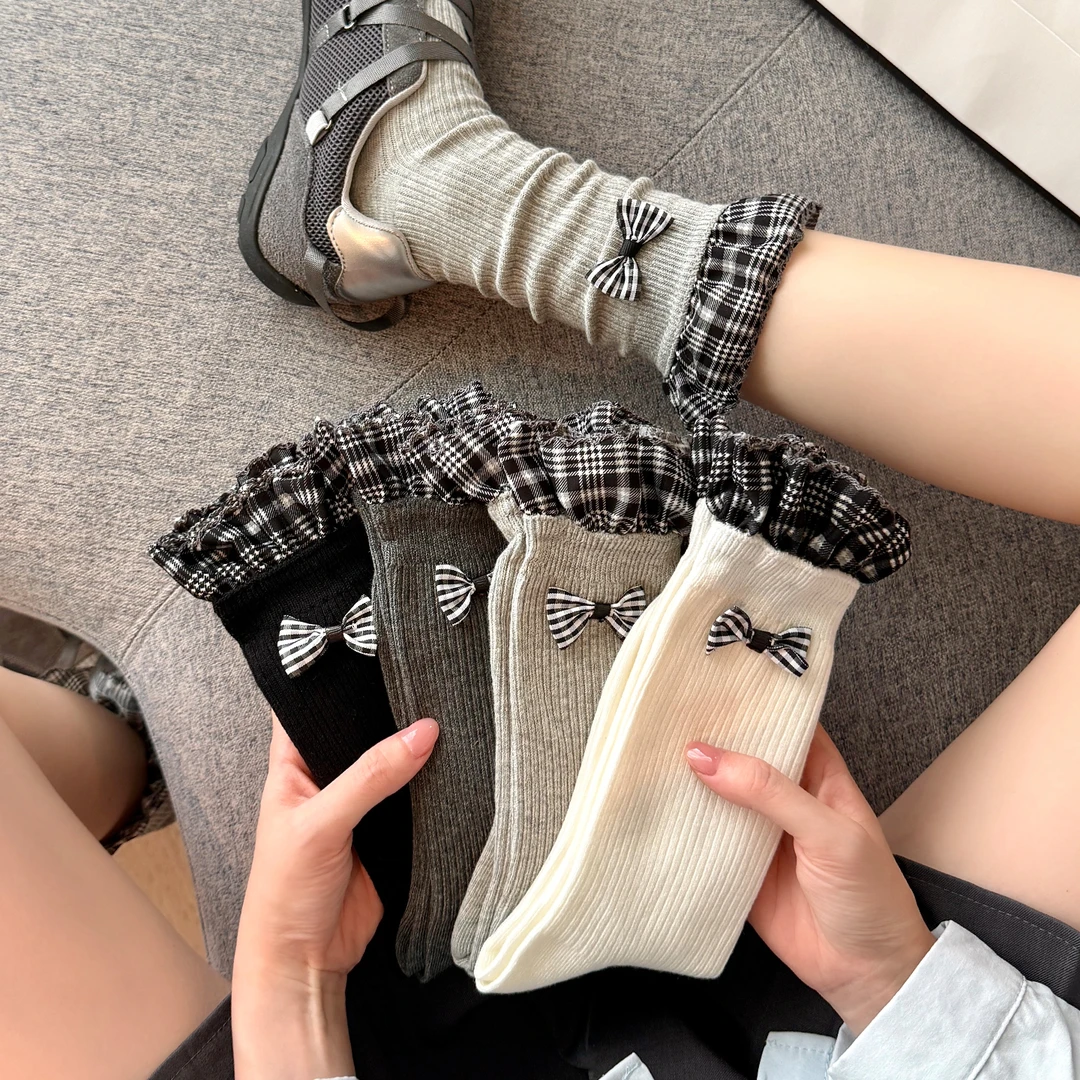 袜子女秋季中筒棉袜2025新款爆款超火花边蝴蝶结女款JK搭配小皮鞋