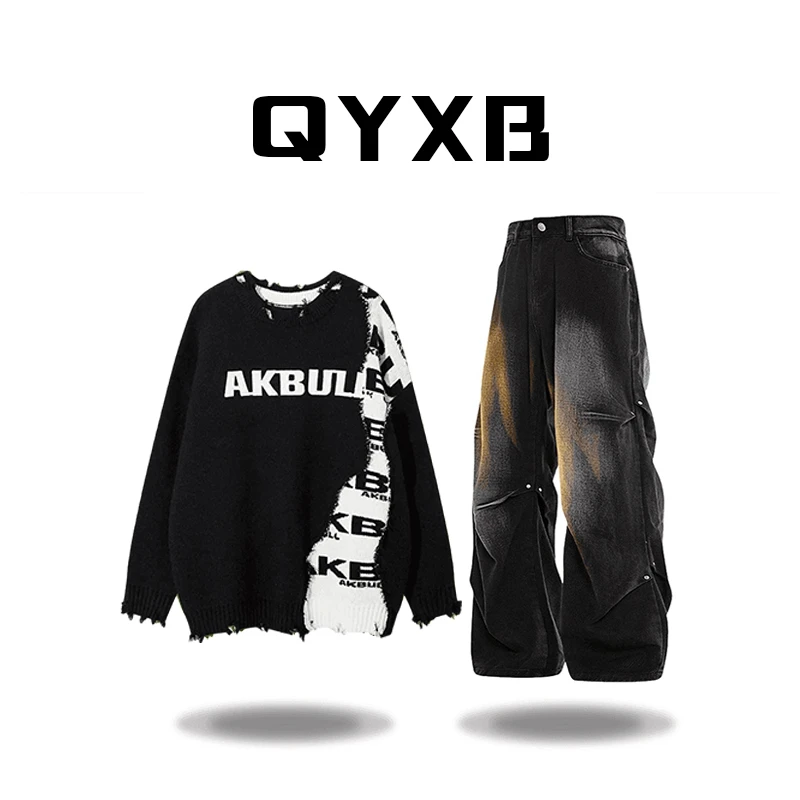 【品牌正品现货】QYXB美式字母拼接破洞毛衣男秋冬宽松慵懒风针织衫