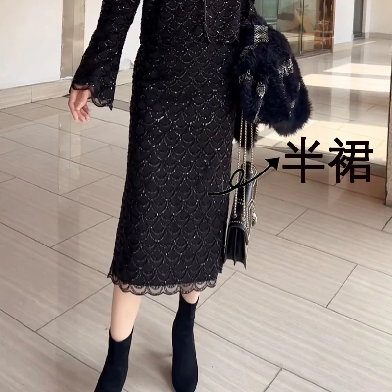 VOVB小香风鱼鳞半身裙重工百搭气质高级减龄开叉钉珠鱼尾裙-B9015