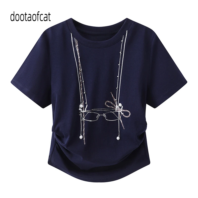 2025春新品设计师款珍珠链条眼镜印花T恤小RL11001016