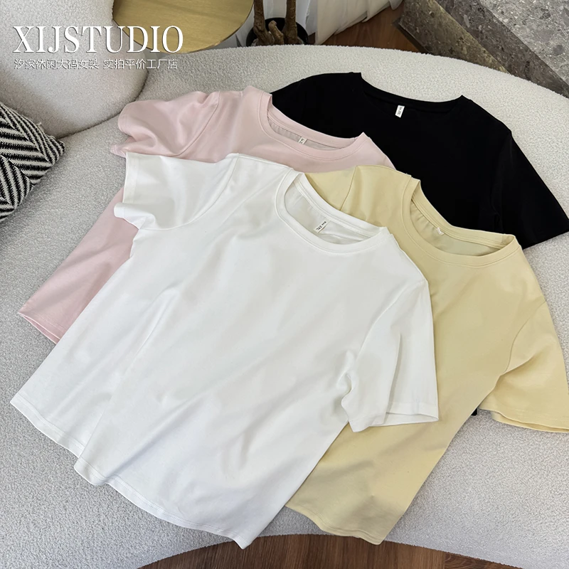 【人手两件】汐家微胖女装夏季新款莱赛尔圆领套头纯色t恤大码短袖