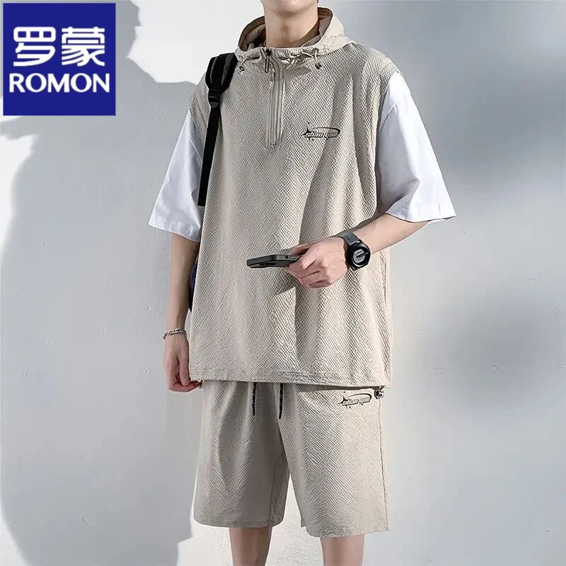 罗蒙Romon休闲套装男夏季潮牌帅气时尚百搭凉感透气舒适宽松运动