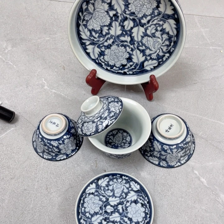 瓷片章*锅景德镇青花国色天香五件套