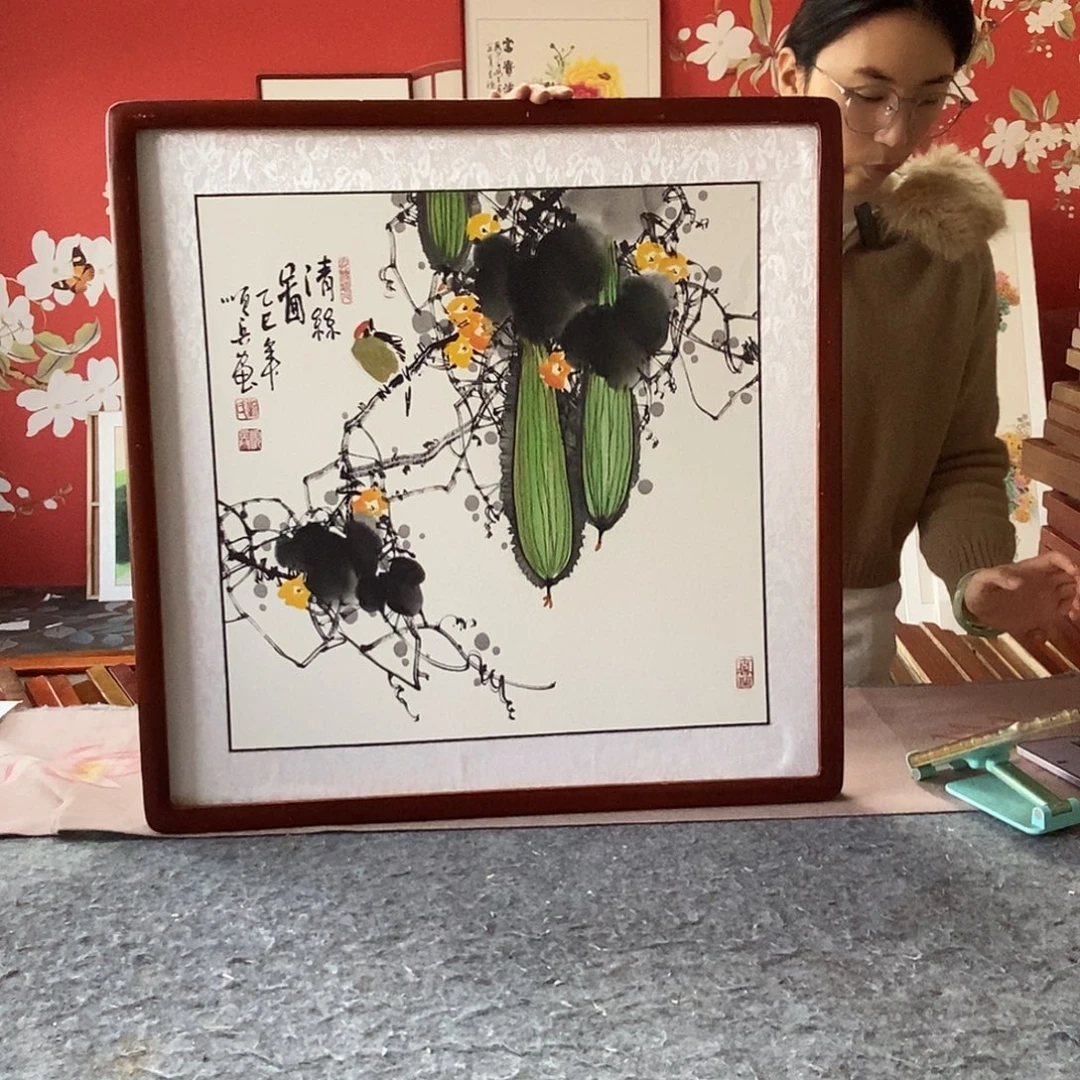 国画手写手绘带框包邮国画作品62✖️62