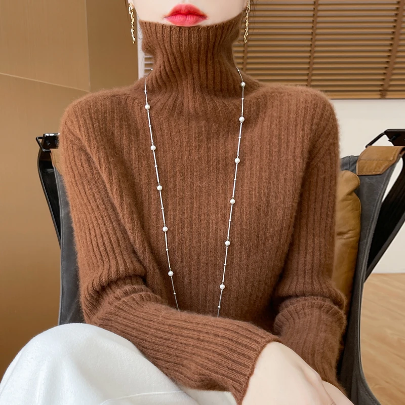 鄂尔多斯市100纯羊毛衫女内搭堆堆领加厚高领毛衣百搭针织打底衫