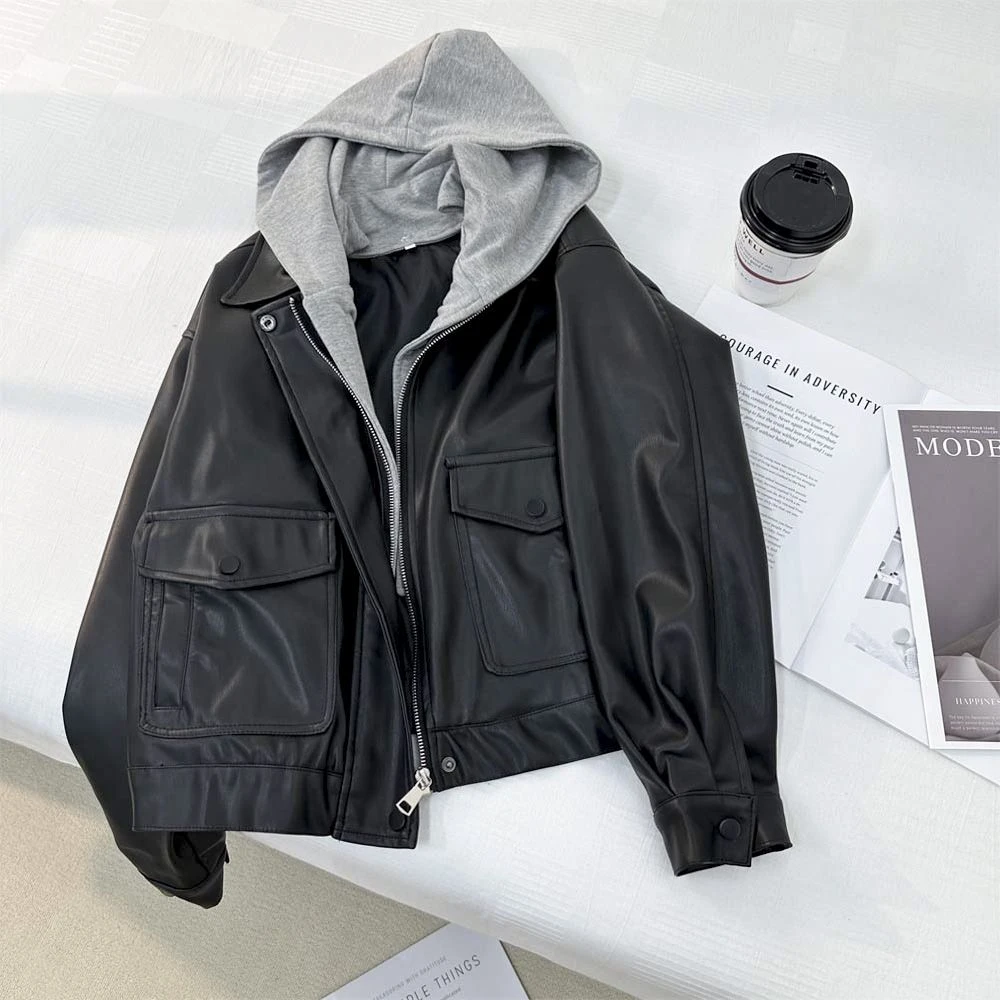 小个子俏皮减龄假两件连帽皮衣外套女2025春季新款学院风夹克上衣