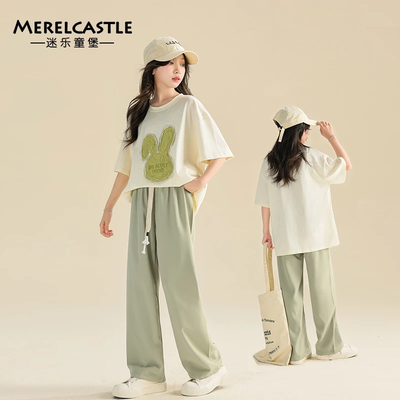 C3431女童夏季短袖套装2025夏装新款女孩时尚休闲洋气长裤两件套